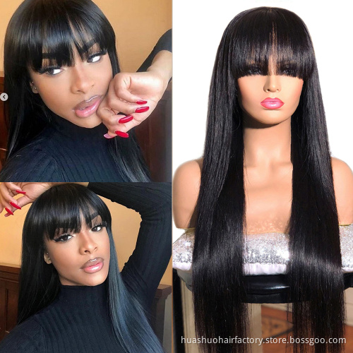 Full Machine Made Wig With Bangs No Lace  Human Hair Wigs Natural Color